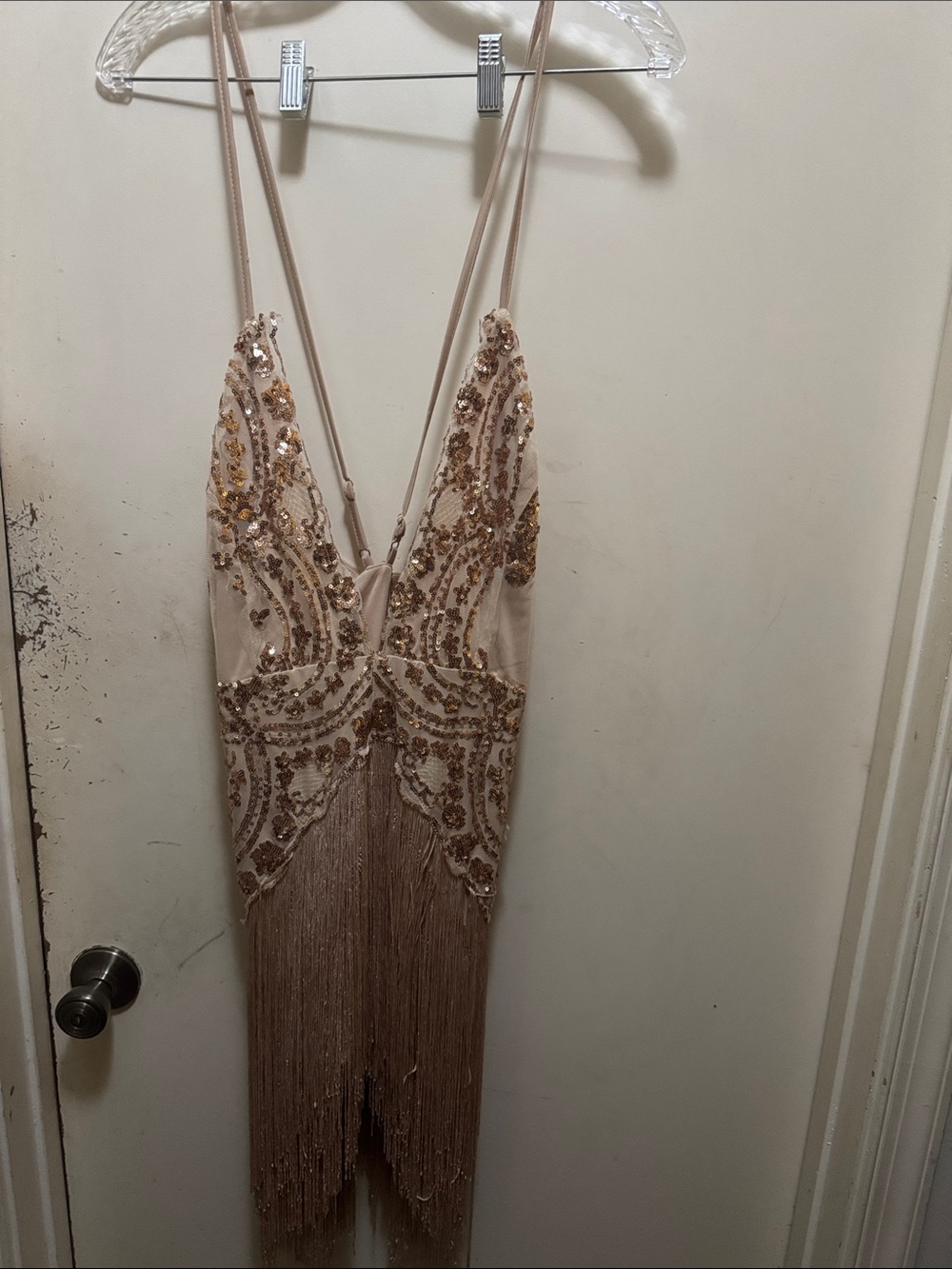 Fashion Nova Blush Sequin Fringe Strapless Dress
